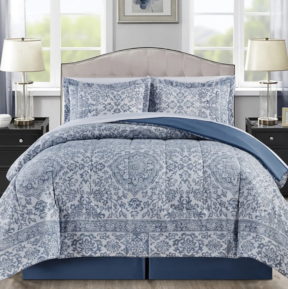 SUPER SALE ** BRAND NEW IN BAG ** Elegant Blue Floral Reversible Bedding 8PC Set